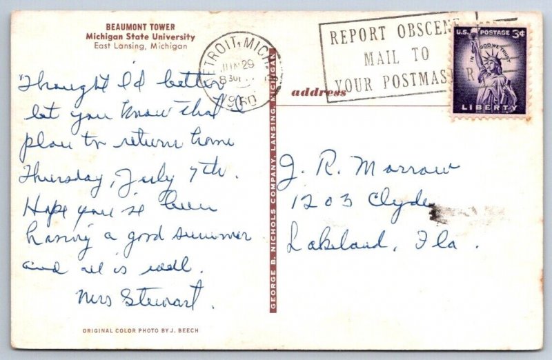 Beaumont Tower, MSU, East Lansing MI, 1960 Postcard, Report Obscene Mail Cancel