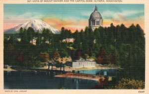 Vintage Postcard Vista Mount Rainier Capitol Dome Attraction Olympia Washington