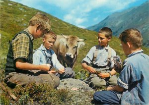 Playing card related postcard shepherd boys playing Jass cards game Switzerland