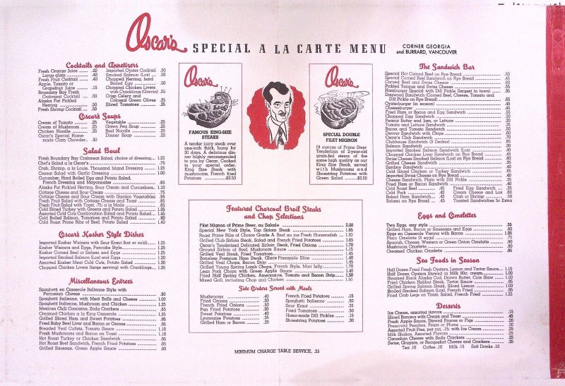 1940s OSCAR'S RESTAURANT MENU VANCOUVER B.C. MANY CELEBRITIES ON COVER  W60