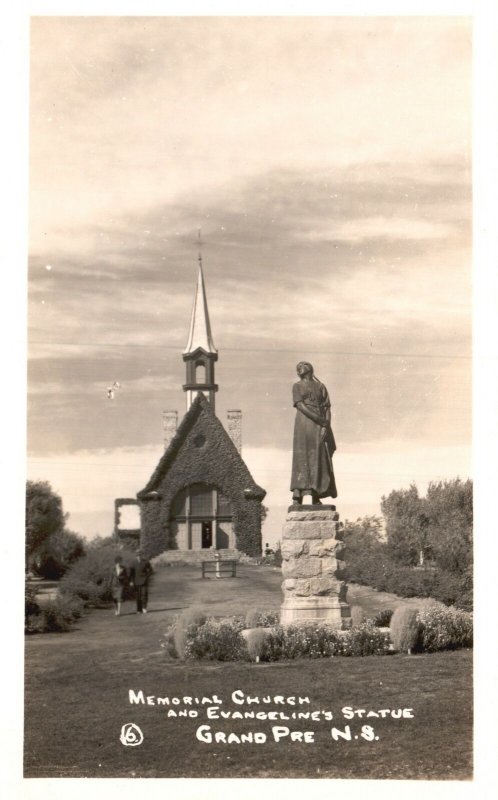 Vintage Postcard 1920's Memorial Church & Evangeline's Statue Grand Nova Scotia