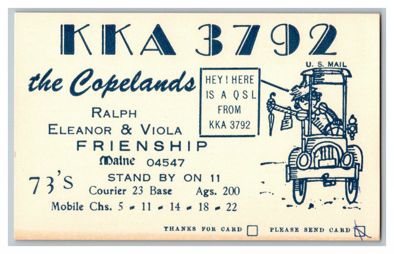 Postcard QSL Radio Card From Friendship Maine KKA 3792