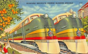 SEABOARD RAILWAYS ORANGE BLOSSOM SPECIALS~1940s~RAILROAD LOCOMOTIVE POSTCARD