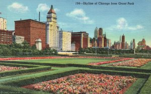 Vintage Postcard Skyline From Grant Park Landscaped Flower Garden Chicago ILL