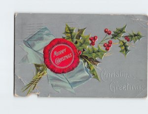 Postcard Christmas Greetings with Hollies Ribbon Embossed Art Print