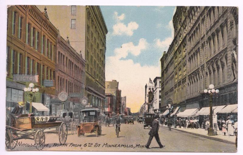 Minneapolis MN Horse & Wagon Store Fronts Old Car Bicycle Street View Postcard