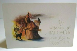 Vintage Halloween Postcard Witch Crow Cauldron Black Cat Gibson Unused Original