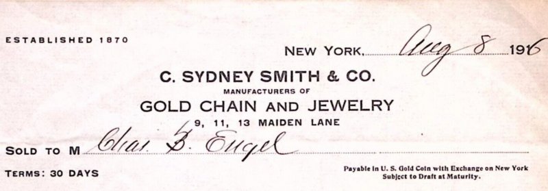 1916 NEW YORK C. SYDNEY SMITH & CO GOLD JEWELRY MAIDEN LN BILLHEAD INVOICE Z165