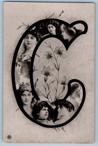 RPPC Photo Postcard C Large Letter Pretty Women Flowers c1910's Unposted Antique