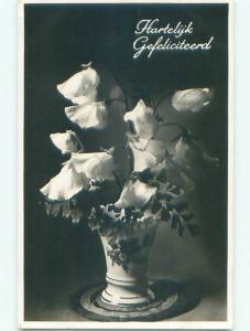1940's rppc FOREIGN GREETING - BEAUTIFUL FLOWERS IN CERAMIC VASE o2207