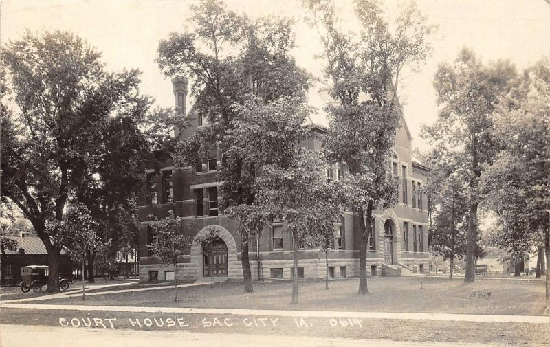 Sac City Iowa~Court House~Trees on Lawn~Vintage Cars~1924 RPPC