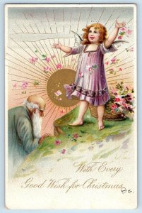 1905 Christmas Angel And Father Time Flowers Bellows Falls VT Antique Postcard