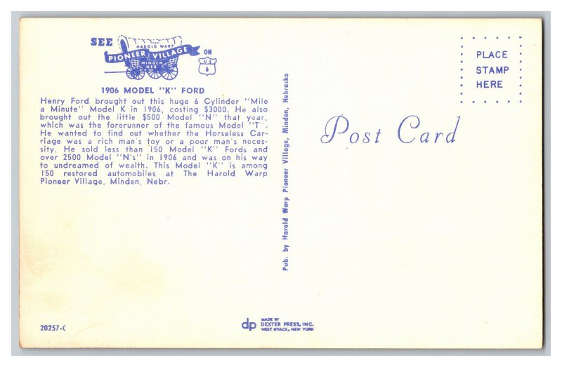 1906 Model K Ford Pioneer Village Minden Nebraska Postcard