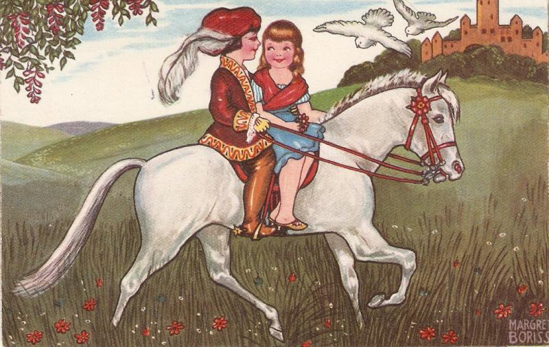 Margret Boriss. Royal chidren riding white horseNice antique German PC