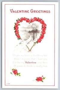Valentine Greetings, Rhyme, Red Roses Floral Heart, Vintage Postcard, V-130
