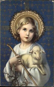 Christmas Jesus Christ as Young Boy Lamb Crown of Thorns c1910 Vintage Postcard 