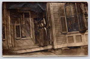 Woodburn Early Morning Shadows Cast on Mrs w/Buckle Dress~Window Shutters RPPC