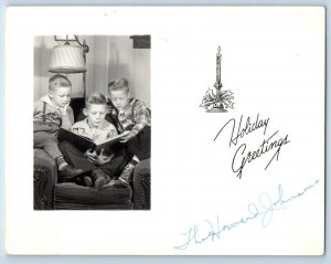 Holiday Greetings Postcard RPPC Photo Christmas Little Boys Reading Book c1950's