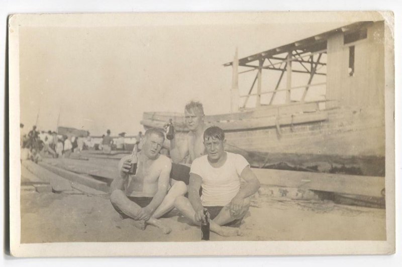 RPPC Postcard Men Drinking Beer on Beach c. 1920s