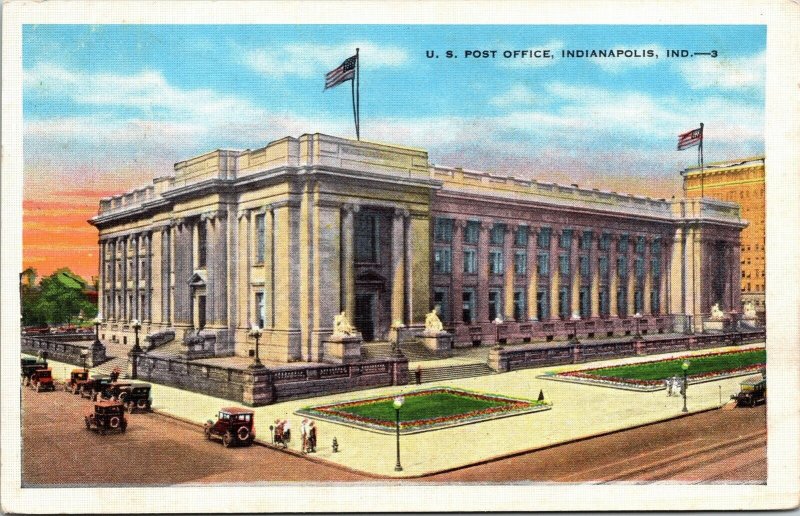 US Post Office Indianapolis IN Indiana Old Cars Postcard PM Clean Cancel WOB VTG 