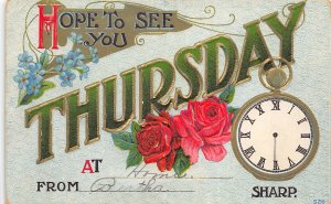 THURSDAY Large Letter Greetings 1910 Embossed Weekday Postcard Poket Watch