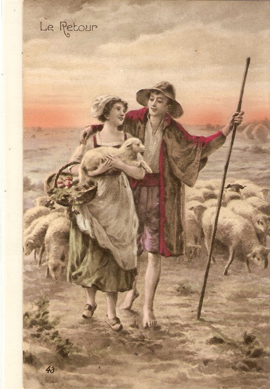 Rustic couple. Shepherds with thir flock. Le Retour Old vintage French PC