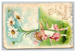 Vintage 1907 Tuck's Greetings Postcard Cute Girl Pink Dress Giant White Daisies