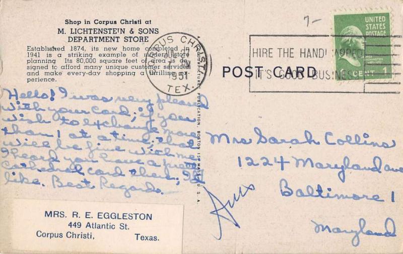 Corpus Christi Texas Lichtenstein Sons Department Store Antique Postcard K26135