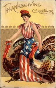 THANKSGIVING Lady Liberty w Turkeys PATRIOTIC Antique Postcard