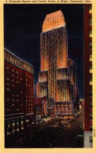 Ohio Cincinnati Fountain Square and Carew Tower At Night Curteich