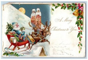 1905 Christmas Blue Robe Santa Claus Sleigh Deer With Toys Akron OH Postcard 