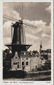 Netherlands Molen De Roos Met Nieuwe Kerk Delft Vintage Postcard C122