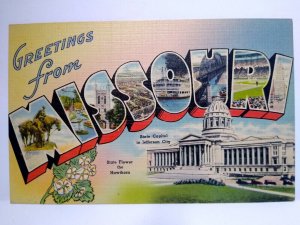 Greetings From Missouri Large Big Letter Postcard Linen Vintage Tichnor Unused