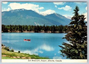 Red Canoe, Lac Beauvert, Jasper National Park, Alberta Canada, Chrome Postcard