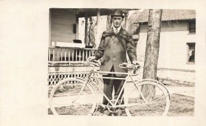 OWOSSO MICHIGAN~PROUD MAN WITH BICYCLE~1910s REAL PHOTO