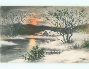 Pre-Linen new year foreign TREES AND HOUSES BY THE RIVER ON WINTER NIGHT J4720