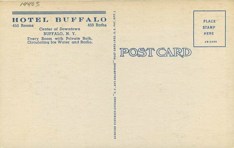 Buffalo New York Hotel Buffalo roadside Postcard linen Teich Night 12794