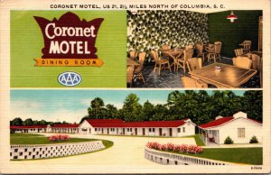 Linen Postcard Coronet Motel in Columbia, South Carolina