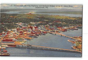 Jacksonville Florida FL Postcard 1930-1950 St John's River Aerial View Bridges