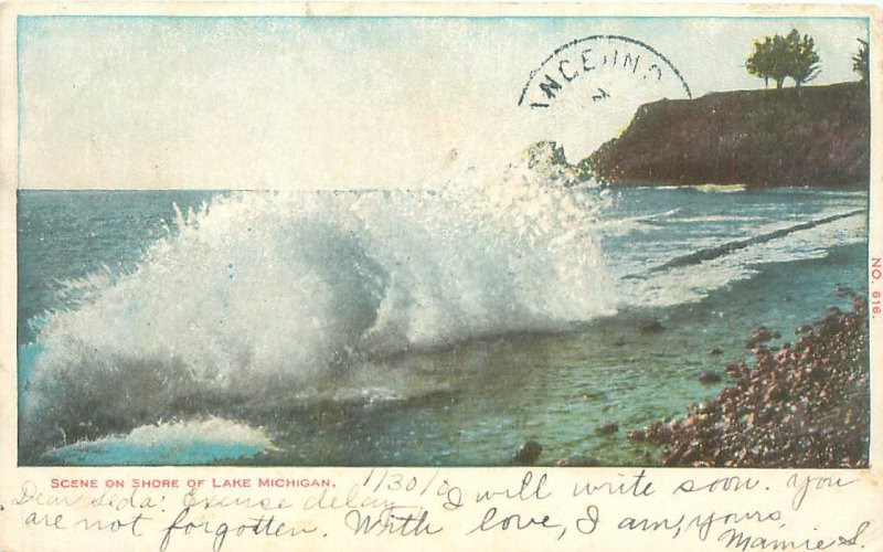 Scene of Shore of Lake Michigan, Wave UDB Postmarked 1906