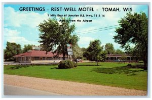 Tomah Wisconsin WI Postcard Rest-Well Motel Exterior Roadside Signage c1960's