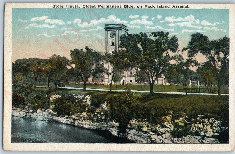 1920s Rock Island IL Store House Postcard Arsenal Armory Clock Tower RI ILL A190