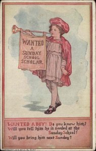 RALLY DAY Sunday School Scholar Medieval Courier Antique Postcard