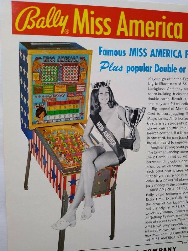 Miss America Pinball FLYER Original 1975 Bingo Game Art Pretty Lady Seated Bally