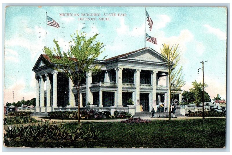 1907 Michigan Building State Fair US Flag People Entrance Detroit MI Postcard