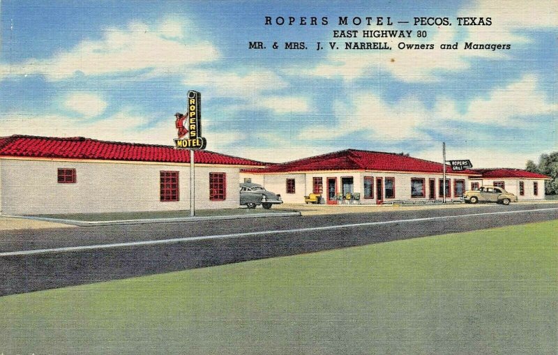 PECOS TEXAS~ROPERS MOTEL & GRILL~M/M NARRELL OWNERS~HIWAY 80~1954 POSTCARD