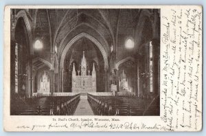 c1910 Worcester Massachusetts MA Postcard St. Paul's Church Interior View Posted