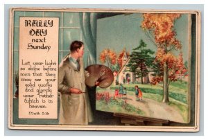 Vintage 1930's Rally Day Postcard Painter Suburban Scene Religious - Nice Card