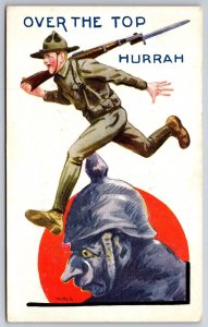 Bernhardt Wall WWI Patriotic~Soldier Runs Over The Top Of German Kaiser Helmet