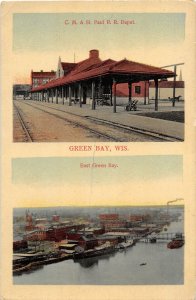 J13/ Green Bay Wisconsin Postcard c1910 2View CM&Stp Railroad Depot 81